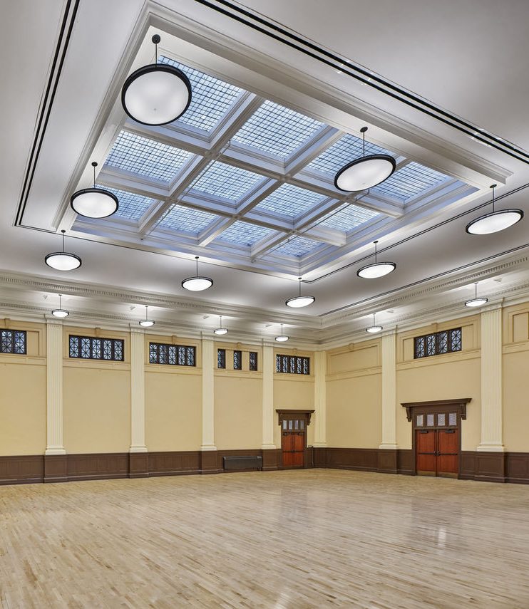 Restored hall with skylight and fluted pilasters at the Pennsylvania Readiness Center
